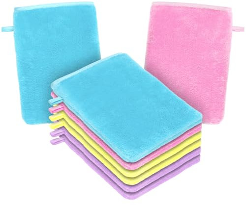 HOTUT Manoplas de Baño Guantes para Lavarse, Juego de 8 Guantes de Baño de 15 x 20 cm, Manoplas con Cordón, Microfibra Premium, Ternura, Azul, Rosa, Amarillo, Morado