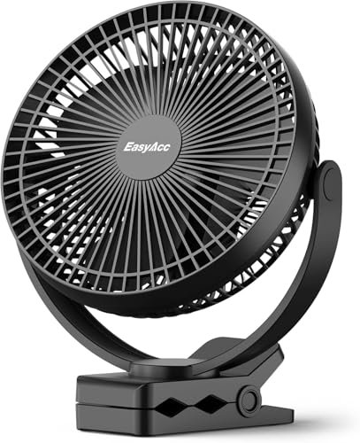 EasyAcc 10000mAh Portable Clip on Fan - Rechargeable Desk Fan Max 36 Hrs,Powerbank,Strong Airflow, LED Display,5 Speeds, Washable,Anti-mosquito,Sturdy Clamp for Golf Cart Bed Travel Camping Truck