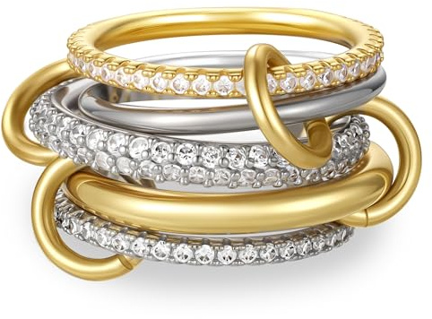 Fimhut Stackable Rings for Women Christmas Gift, 18K Gold Plated Cubic Zirconia Rings, Silver Gold Multi Ring Mixed Metals Stackable Ring Set for Women Hypoallergenic.Size 7