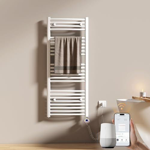 EMKE WiFi Badheizkörper Elektrisch 1200x500 mm - Gebogen Handtuchheizkörper Elektrisch, Elektrischer Handtuchwärmer Handtuchtrockner Handtuch Heizkörper Bad mit Thermostat und Heizstab - 500W, Weiß