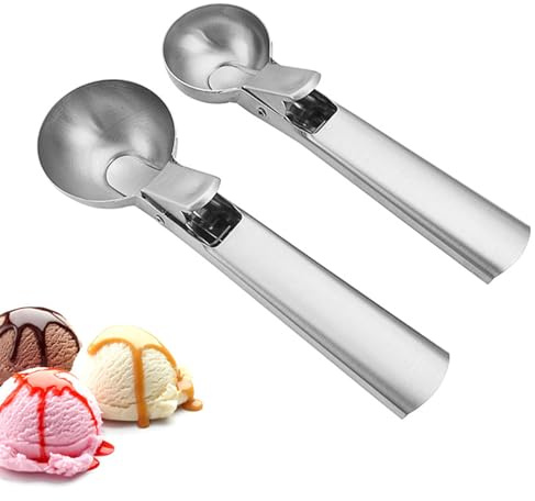 2 PCS Stainless Steel Ice Cream Scoop Set, Easy Trigger Release Scooper, Multi-Purpose Food Spoon for Meatball Mashed Potatoes Serving