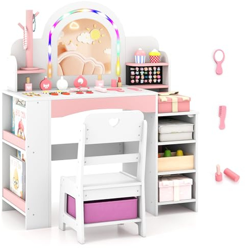 Maxmass Kids Vanity Table and Chair, Girls Dressing Table with Jewelry Rack, 2-Tier Bookshelf, Ring Slots, Open Shelves, Fabric Bin, Princess Makeup Desk Pretend Dresser for 3+ Years Old (White)
