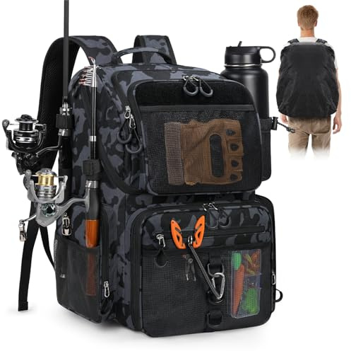 RAINSMORE Fiskeryggsäck 45 l med spöhållare vattentät fiskeväska män 900D polyester ryggsäck för fiskeutrustning med regnskydd och kylfack present för sportfiskare, Svart-blå, 40 x 25,5 x 49 cm