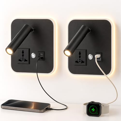 2Pcs LED Bedside Wall Light, Bedside Reading Light with USB C+A Charging Port, Stepless Dimming Touch Control LED Indoor Wall Lamp,3W+9W Adjustable Spotlight for Bedroom, Hallway, Stairs, Hotel