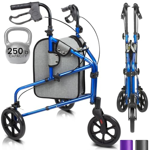 Vive Mobility 3 Wheel Rollator Walker - Lightweight and Foldable for Seniors, Elderly, Men, Women - Folding Heavy Duty Tri-Wheeled for Indoor/Outdoor Use (Blue)