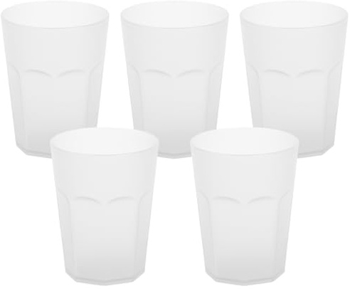 ENGELLAND - 5 x Plastikbecher, Trinkbecher, Weiß, Frostoptik, 400 ml, bruchfest, stapelbar, Mehrweg, Kunststoff, wiederverwendbar, Party-Becher, Trink-Glas