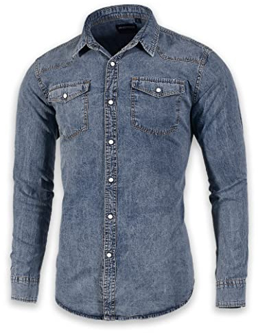 SEVEN EAGLE Langärmliges Demin-Hemd mit Zwei Taschen und Druckknöpfen für Herren(XXXL,Indigo Vintage)