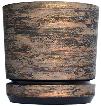 KORAD Vaso da fiori con sottobicchiere integrato - Decoro 032 - corteccia ruggine, diametro 26 cm - Vaso per piante in plastica di alta qualità - Pentola di piante decorativo con fori di drenaggio