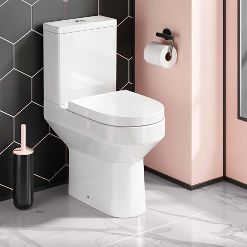 Rimless Round Toilet WC Gloss White Close Coupled Comfort Height with Heavy Duty Soft Close Seat and Chrome Accessories