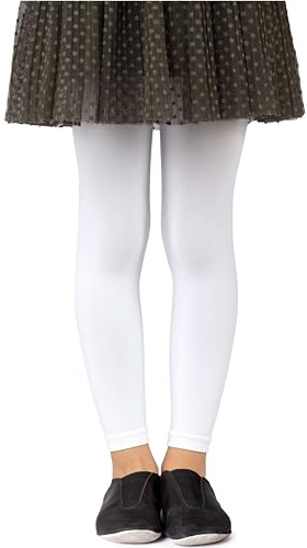 NOQ Collants sans pieds pour filles Leggings pleine longueur Cheville Long Ballet Opaque Microfibre, Bianco 4/5 ans (104/110 cm)