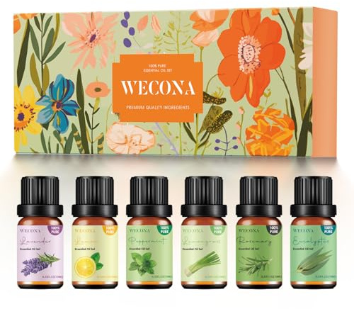 Reines ätherisches Öl-Set – Top 6 Aromatherapie-Öle-Set, ätherische Öle für Diffusoren für Zuhause – Pfefferminze, Lavendel, Eukalyptus, Zitronengras, Rosmarin, Zitrone – 10 ml x 6