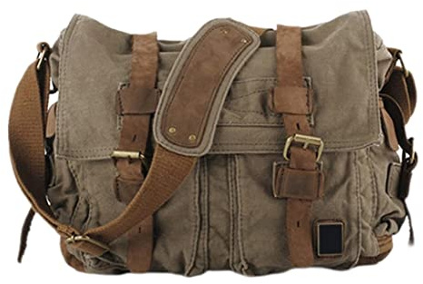 Suxdlan Leder Messenger -Taschen Vintage Leinwand Laptop -Taschen Umhängetasche 32 cm Armeegrün
