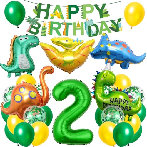 Dino Geburtstag Deko 2 Jahre, XXL Dinosaurier Deko Kindergeburtstag, Geburtstagsdeko Jungen 2 Jahre, Folienballon Dino 2 mit Happy Birthday Banner für Dinosaurier Party Kindergeburtstag