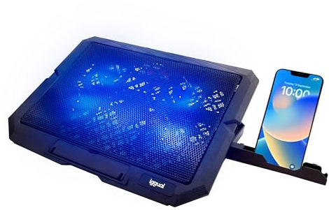iggual – Base di Raffreddamento Portatile fino a 17” con 4 Ventole Silenziose e Supporto per Smartphone, Supporto Regolabile con 7 Angolazioni e Luce LED Blu, Include Cavo USB-A (RP4V17)