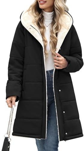 VXVGER Women Winter Down Coat Fleece Long Warm Jacket Hooded Parka Puffer Coat Padded Fashion Outerwear(Black,S)
