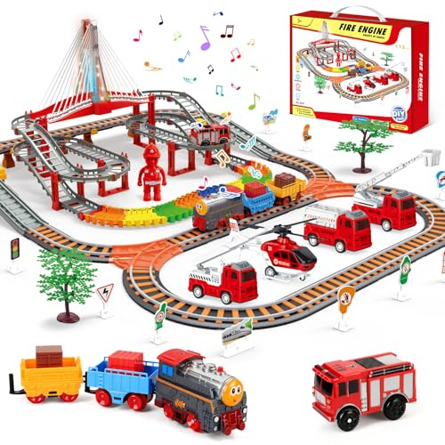 JONRRYIN Trenino Elettrico per Bambini, 161Pezzi Giocattolo Pista Macchinine, Pista Treno e Auto Elettrico a Tema Pompieri con 4 Camion dei Pompieri, Giocattolo di Costruzione per Bambini 4 5 6 Anni