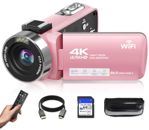 Video Camera, 4K Camcorder 56MP Digital Video Recorder 18X Zoom 3 270° Rotation Touchscreen IR Night Vision, Wifi Vlogging Camera for YouTube 64GB Card Anti-Shake Remote Control Camera Bag Lens Cap