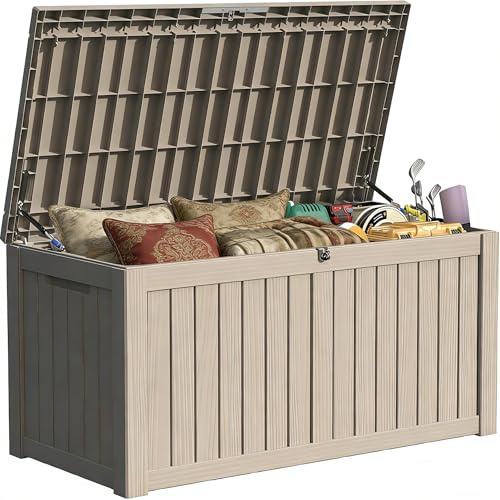 Yardgrace 150 Gallon Outside Storage Box & Bench,Lockable&Waterproof Storage Organizer for Patio Furniture Accessories, Garden Tools, Indoor Storage for Cushion, Slate Grey
