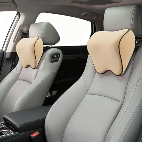 Alaoo Nackkudde för bil, nackstödskudde, mjukhet, bilhuvudstödskudde, kudde för bilstol med minnesskum och ventilerande avtagbart skydd för bilar kontor, beige, 2 stycken