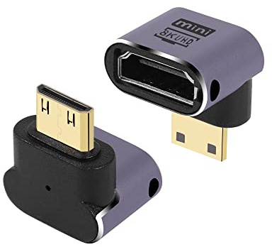 GINTOOYUN Lot de 2 adaptateurs 8K Mini HDMI vers HDMI standard Version 2.1 Mini HDMI mâle vers HDMI femelle pour appareil photo, ordinateur portable, tablette, HDTV, projecteur (courbure supérieure)