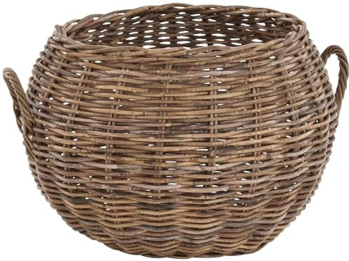 Pflanzkorb Natur Rattan Korb Rund mit Griffen XL Übertopf Groß aus unbehandeltem Rattan (Grau-Natur)