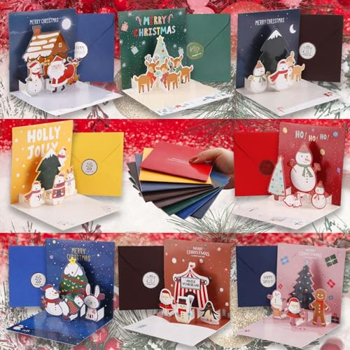 8 Stück 3D Weihnachtskarten Pop-Up Karte Weihnachten Set mit Umschlag und Aufkleber Lustige Weihnachtskarten mit Verschiedenen Mustern für Mädchen und Jungen (8 Stück)