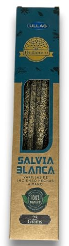 Incienso Orgánico - ULLAS - Hecho a Mano - 25gr - Hecho en India - 100% Natural - 1 cajetilla (Salvia Blanca)