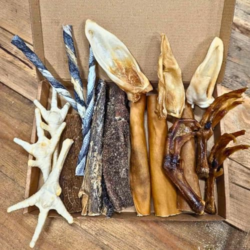 Triple Dog Natural Treat Box for Three Dogs - Chews Real Meat Classic Snacks Tripe Duck Feet Lambs Ear