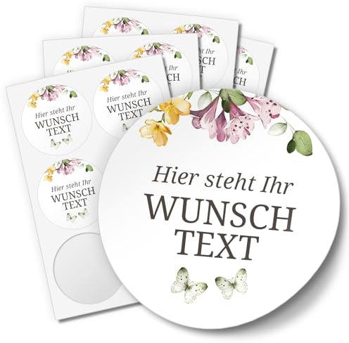 Einladungskarten Manufaktur Hamburg 24 PERSONALISIERTE Aufkleber mit Wunschtext individualisiert anpassbar Namen Datum Etiketten rund 4cm, Floral Schmetterling
