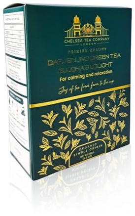 CHELSEA Buddha’s Delight Organic Darjeeling Green Tea – 100g Premium Loose Leaf – Single Estate Whole Leaf Tea – Exquisite Aroma & Smooth Taste – Pure Organic Antioxidant Tea