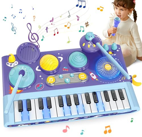 Mostop Baby Musical Toys 5 in 1 Piano Keyboard Xylophone Drum Set with Microphone & Light, Music Instrument Learning Toys for Toddlers, Kids Drum Set Musical Toys for Girls Boys Toys