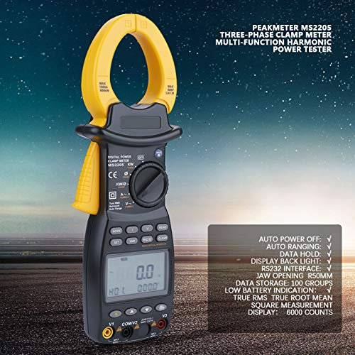 MS2205 Clamp Meter Three Multimeter, Clamp Meter Phase Handheld Multimeter 6000 Counts Digital Harmonic Power AC Current Tester Voltmeter with LCD Backlight Display