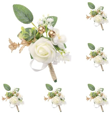 sourcing map 6pcs White Rose Boutonnieres for Men, Buttonholes Pocket Corsage Artificial Flowers with Boutonnieres Pins for Bride Groom Wedding Ceremony Anniversary Formal Party