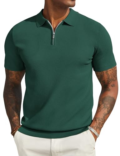 COOFANDY Polo para Hombre con Cremallera Polo de Punto Manga Corta Polo para Hombre Monocolor Camisas de Golf Verde Oscuro M