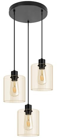 Pendelleuchte Esstisch Hängelampe mit 3 Flammig Glas Lampenschirm, Höhenverstellbar Hängeleuchte mit E27 Lampenfassung, Vintage Deckenlampe hängend Pendellampe Schwarz für Küche,Bar,Wohnzimmer,Flur