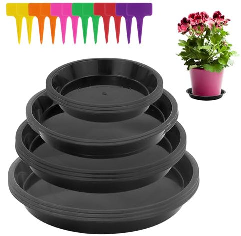 EASYKEENECOM 12 Pièces Coupelle Pot de Fleur Soucoupe Pot Fleur Plastique Soucoupes Pots de Fleurs avec 12 Étiquettes sous Pot de Fleur Rond Dessous de Verre pour Plantes D'intérieur et D'extérieur