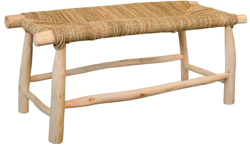 Home Maison - Banc Bois Naturel Japandi - Bois de Laurier et Fibres de Palmier Doum - Style Japandi - Usage Intérieur et Extérieur - 40 x 100 cm - Naturel
