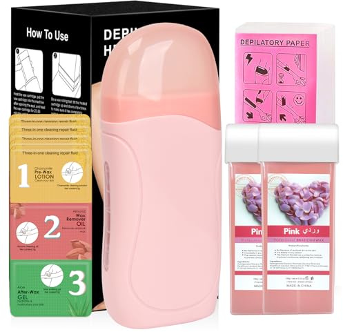 Waxing Kit, Roll on Wax Warmer Kit for Women & Men Sensitive Skin, Include 2 Rose Wax Cartridge, 100 Wax Strips, 10 Wipes