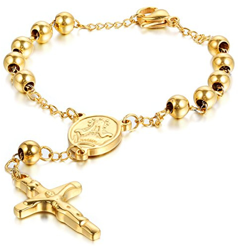 JewelryWe Schmuck Rosenkranz Armband Edelstahl Jungfrau Maria Katholischen Heiligen Gottes Mutter Kreuz Anhänger Perle Kugelkette Armreif Armkette für Herren Damen Silber/Gold/Silbergold