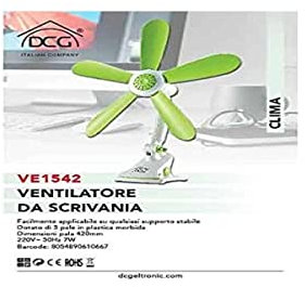 VENTILATORE DA SCRIVANIA – VE1542. Facilmente applicabile su qualsiasi supporto stabile. Dotato di 5 pale in plastica morbida. Dimensioni pala 420mm