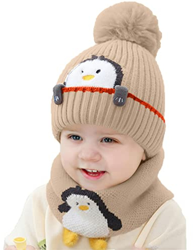 Rayson Gorros para Niño Niña Bebé Otoño Invierno Linda Pequeño pingüino Niños Gorro de Punto Acolchado y Bufanda Traje de 2 piezas(Marrón)