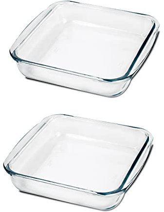Paquete de 2 Fuentes Horno Cuadrados de Cristal, Moldes Hornear, capacidad 1.1 L - Longitud 20.5 x Profundidad 18.2 x Altura 5 cm -JUANIO-