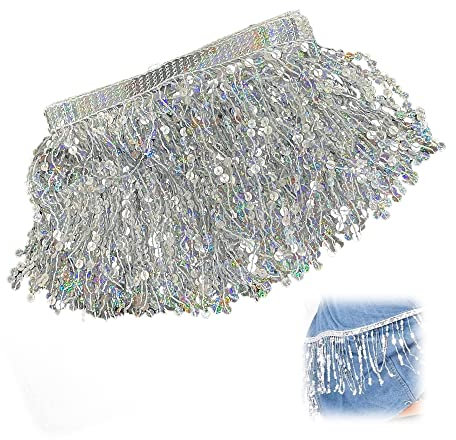 OHYER Pailletten Fransen Besatz 3 Meter Langer (x15cm Durchmesser) Pailletten Quaste Tanzfransen Fransenborte Dekoband Bling Fransen Trim Dekoration für Kostüme Kleidung Basteln Handwerk (Silber)
