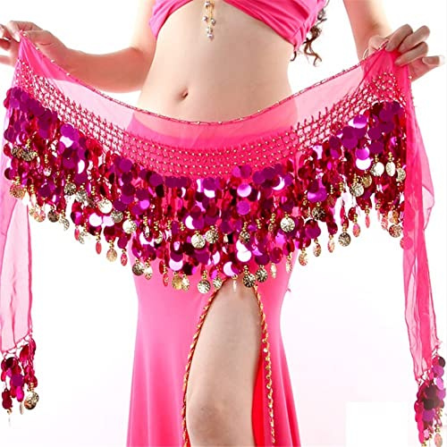 WORNEW Bauchtanz Hüfttuch Damen Chiffon Bauchtanz Hüfttuch Pailletten Bund Gürtel Rock Hüftwickel 58 Münzen Hüftrock Gürtel Hüfttuch (Color : Pink, Size : One Size)