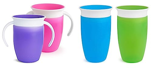 Munchkin Tasse d’Apprentissage Miracle 360, Gobelet Bébé, Tasse Enfant sans BPA avec Poignées - 207 ml, Lot de 2, Rose/Violet & Tasse d’Apprentissage Miracle 360-296 ml, Lot de 2, Bleu/Vert