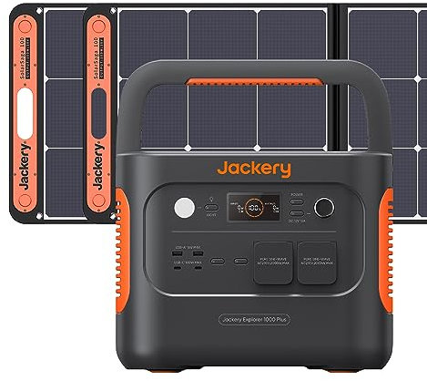 Jackery Solargenerator 1000 Plus 200W, 1264Wh Tragbare Powerstation mit 2x 100W Solarpanel, LiFePO4 Batterie, Erweiterbar auf 5kWh für Outdoor RV Camping