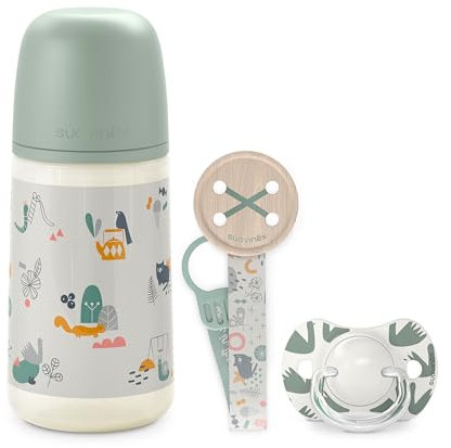 Suavinex, Set Regalo Neonato SX Pro, per Neonati 0-6 Mesi. Contiene un biberon di flusso medio (M) 270 ml + ciuccio SX Pro in silicone 0/6 mesi + attacco - lecca con nastro. Scatola Biberon Verde