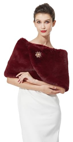 BEAUTELICATE Châle Étole En Fausse Fourrure Écharpe De Femme Mariage Hiver Autumn Sur Robe de Soirée Mariée Cérémonie Fête Demoiselle d'honneur(Taille unique, Amélioré - Vin Rouge)