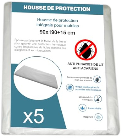 Housse de Protection Intégrale Anti-Punaise de Lit et Anti-Acariens pour Matelas 90 x 190 + 15 cm. (Lot de 5 Housses)