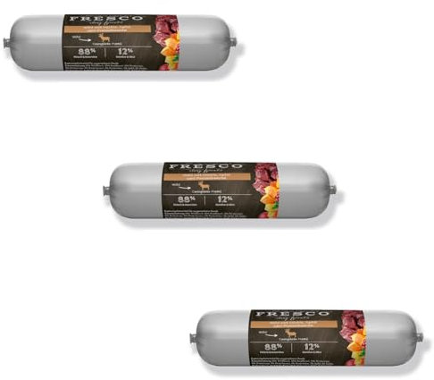 FRESCO Barf Salchichas completo de menú salvaje con calabaza, manzana y arándanos | Pack de 3 | 3 x 400 g | Comida húmeda para perros | Para apoyar el sistema inmunológico y la digestión